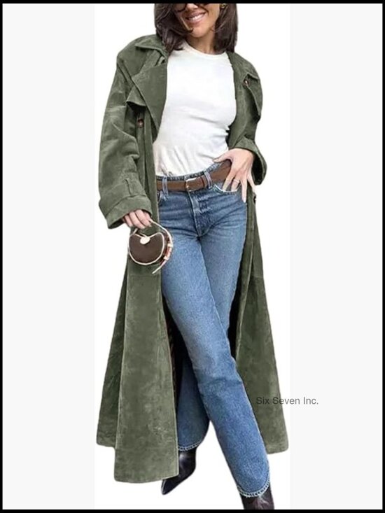 Jackets & Blazers - Faux Suede Long Trench Coat Notched Lapel Double Breasted Pea Coat with Belt